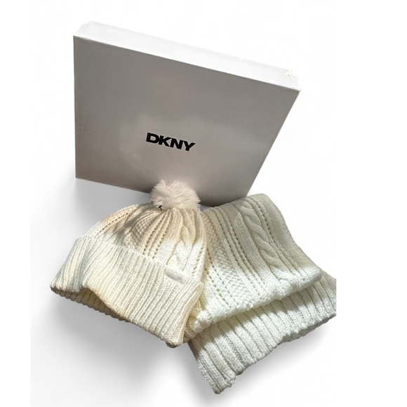 DKNY Cream Knit Scarf and Beanie Set NEW in Box OS Cream color - Picture 1 of 7